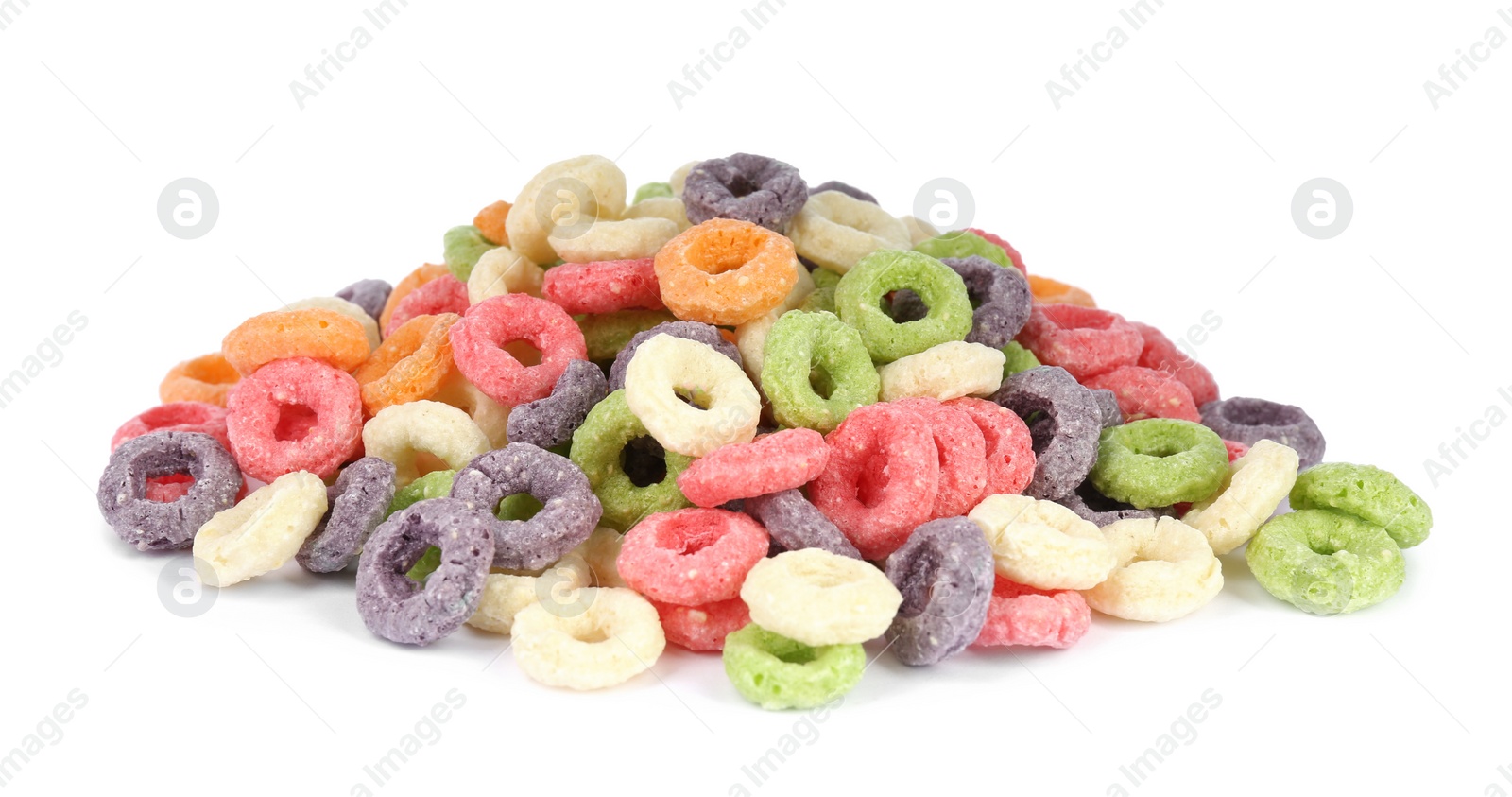 Photo of Sweet crispy corn rings on white background. Breakfast cereal