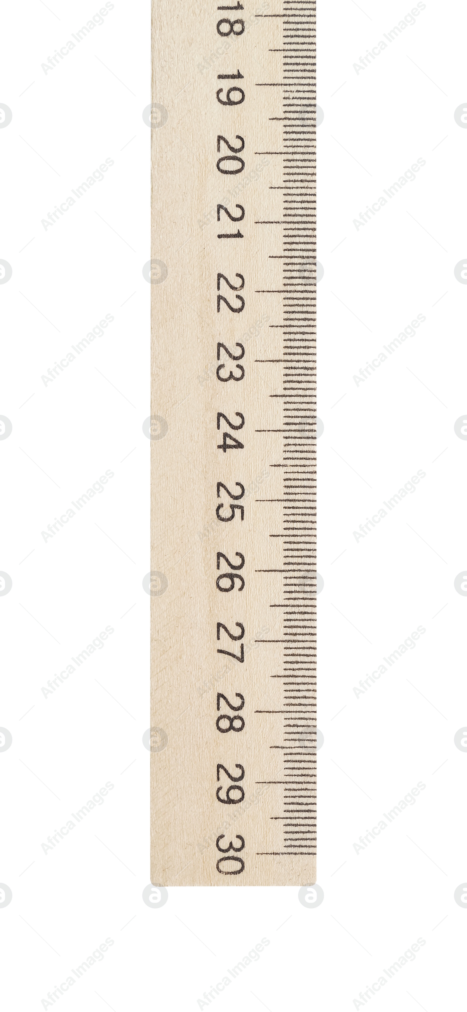 Photo of Wooden ruler with measuring length markings in centimeters isolated on white, top view