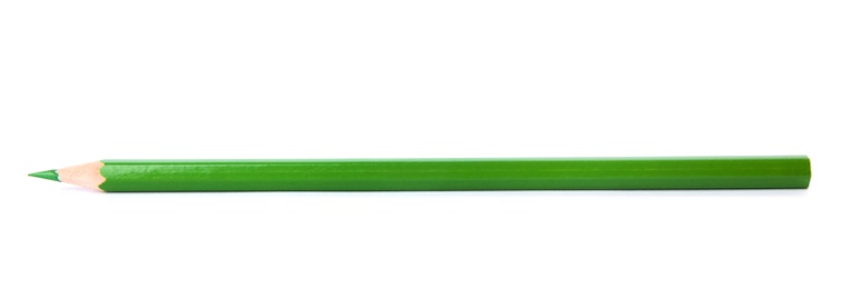 Photo of Green wooden pencil on white background. School stationery