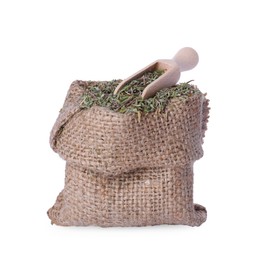 Sack of dried thyme and scoop isolated on white