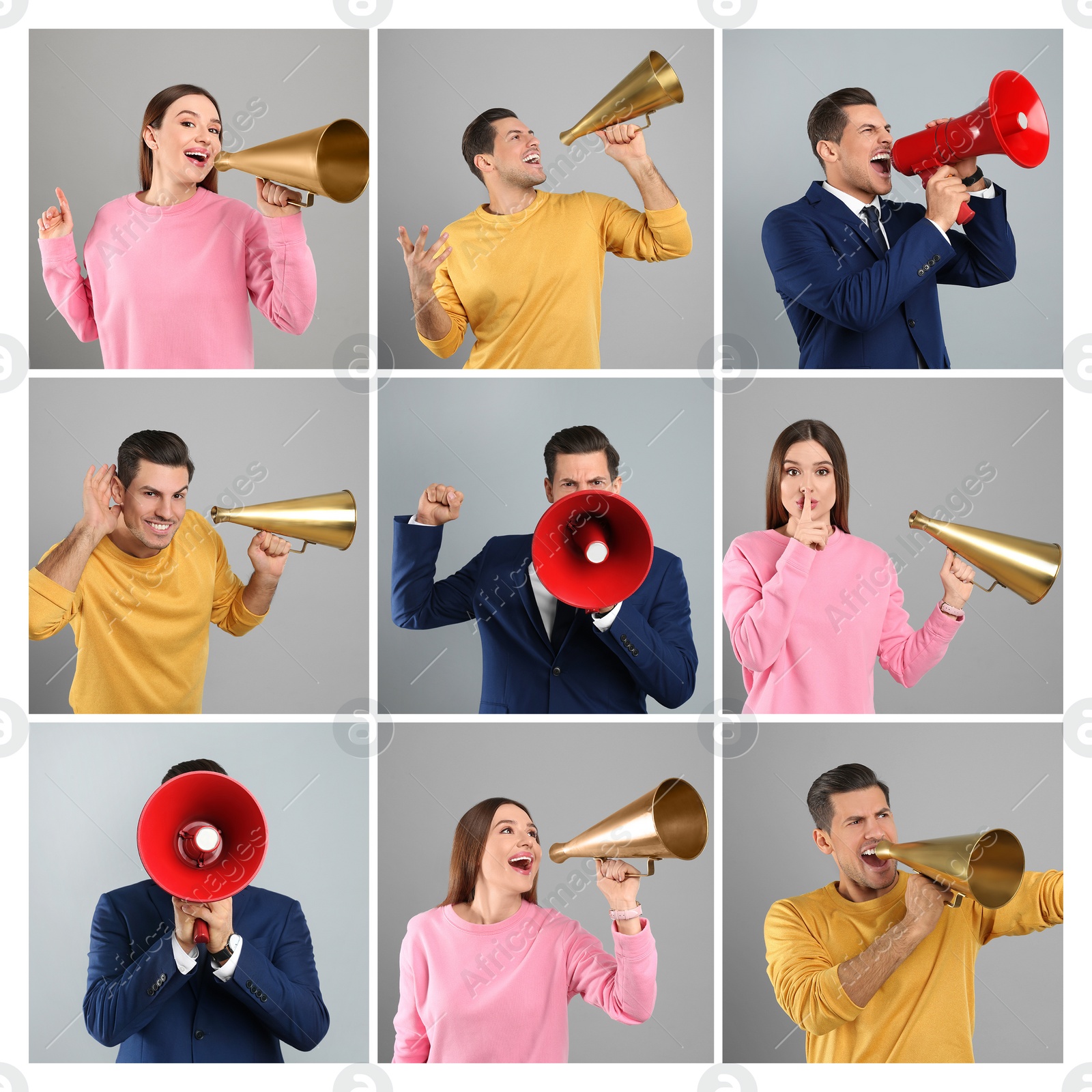 Image of Collage of people with megaphones on grey background