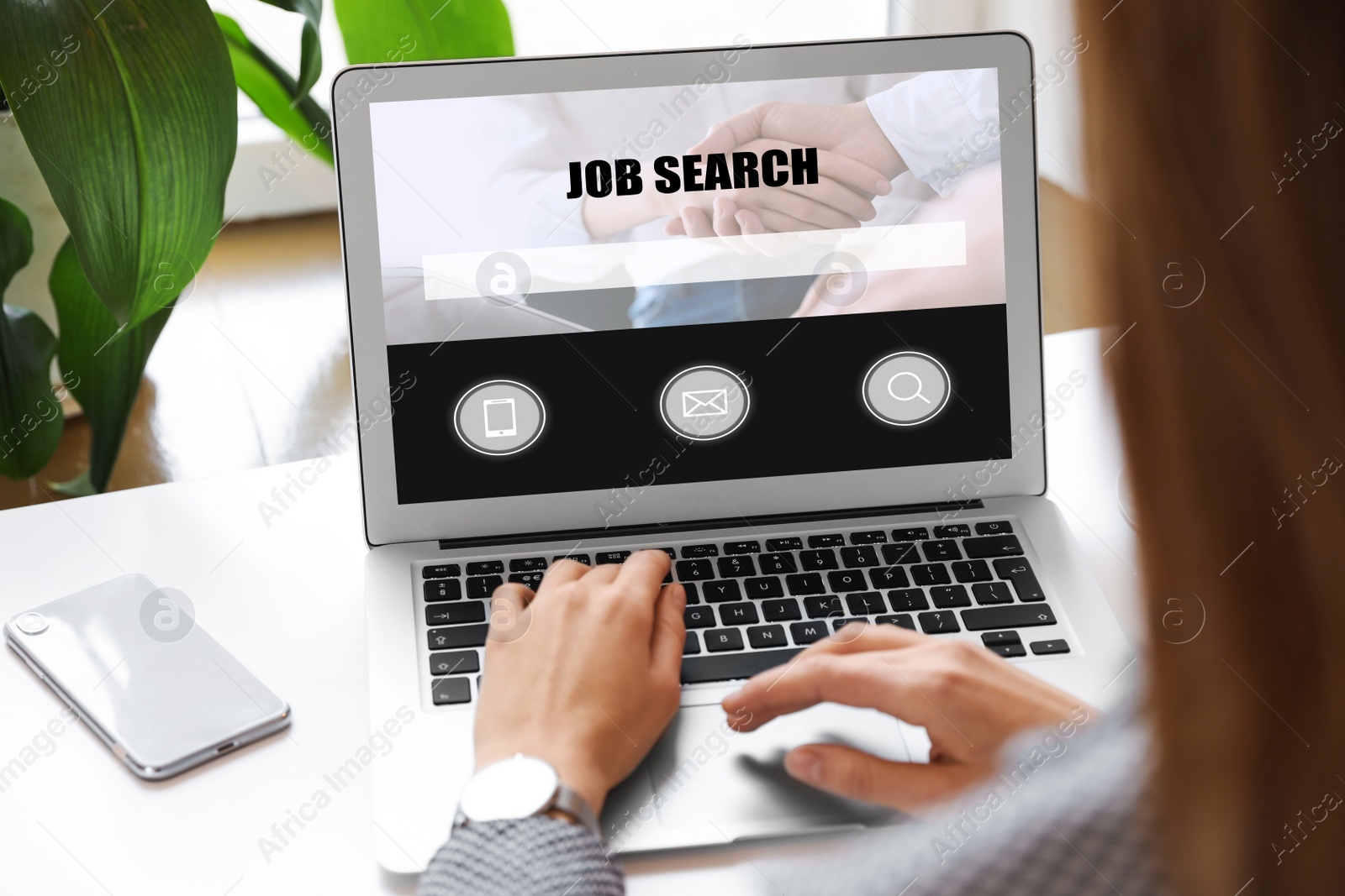 Image of Woman searching job with laptop at table, closeup 