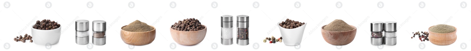 Image of Set of ground pepper and grains on white background. Banner design 