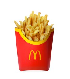 MYKOLAIV, UKRAINE - AUGUST 11, 2021: Big portion of McDonald's French fries isolated on white