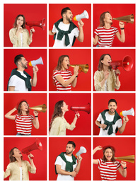 Collage of people with megaphones on red background