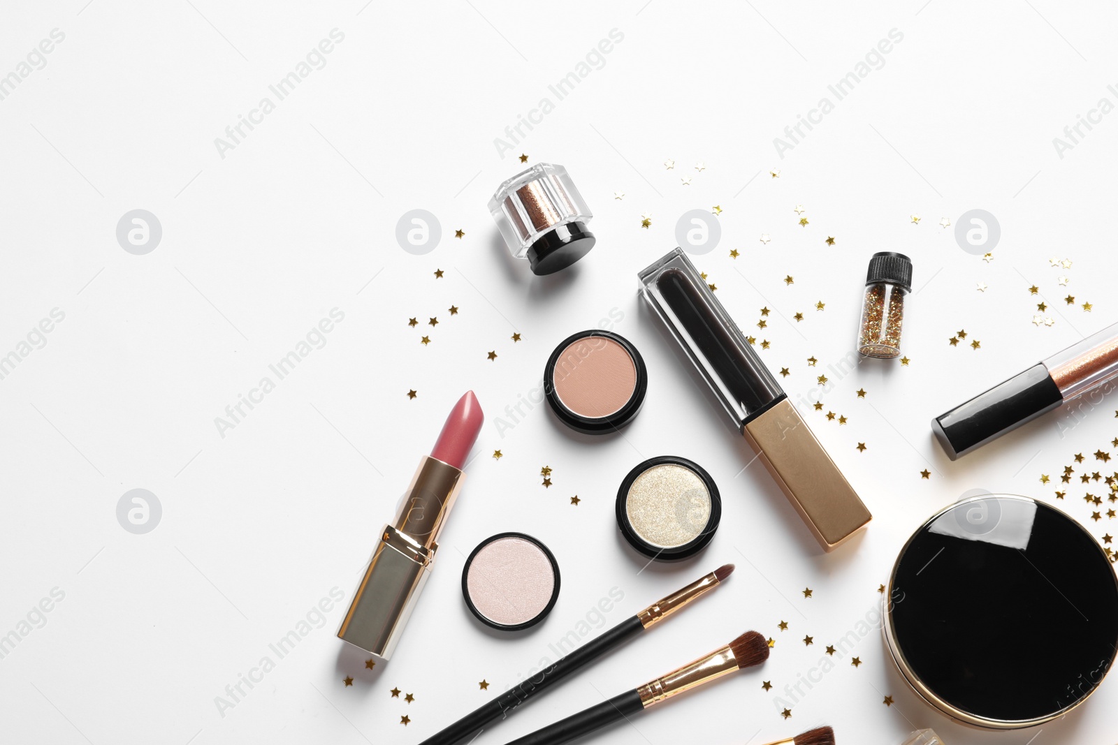 Photo of Set of luxury makeup products on white background, flat lay