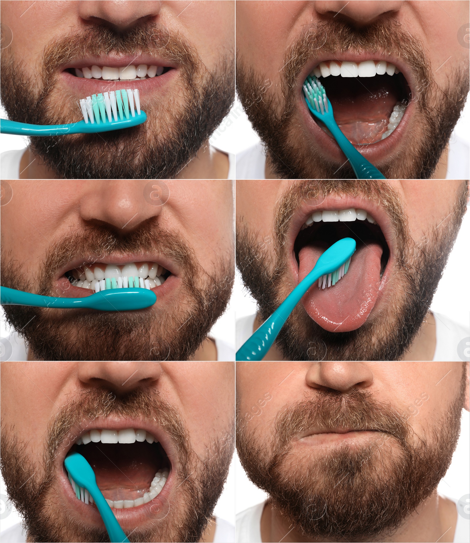 Image of Collage with photos of man brushing teeth on white background, closeup. Dental care, step by step instructions