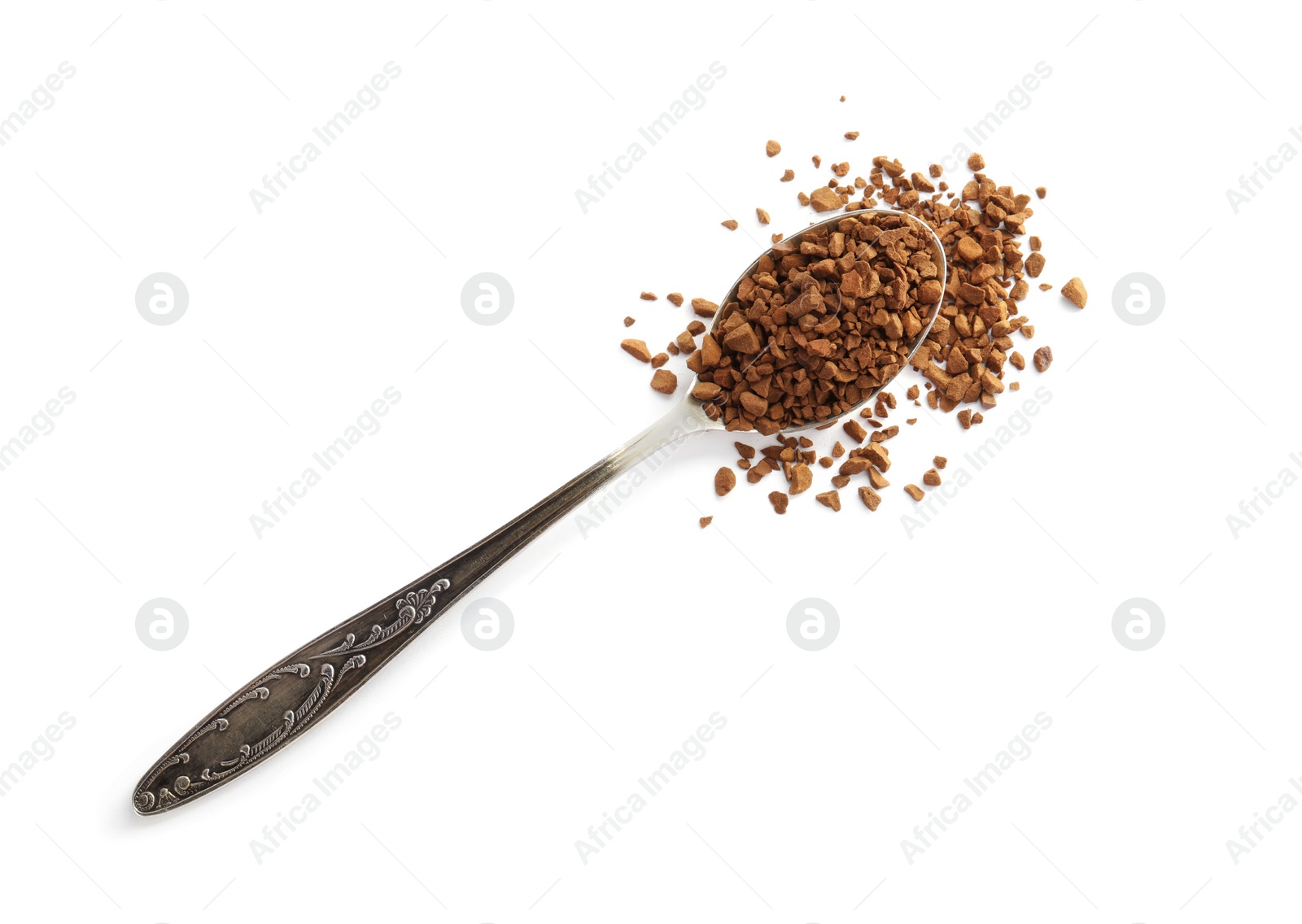 Photo of Spoon with aromatic instant coffee isolated on white, top view