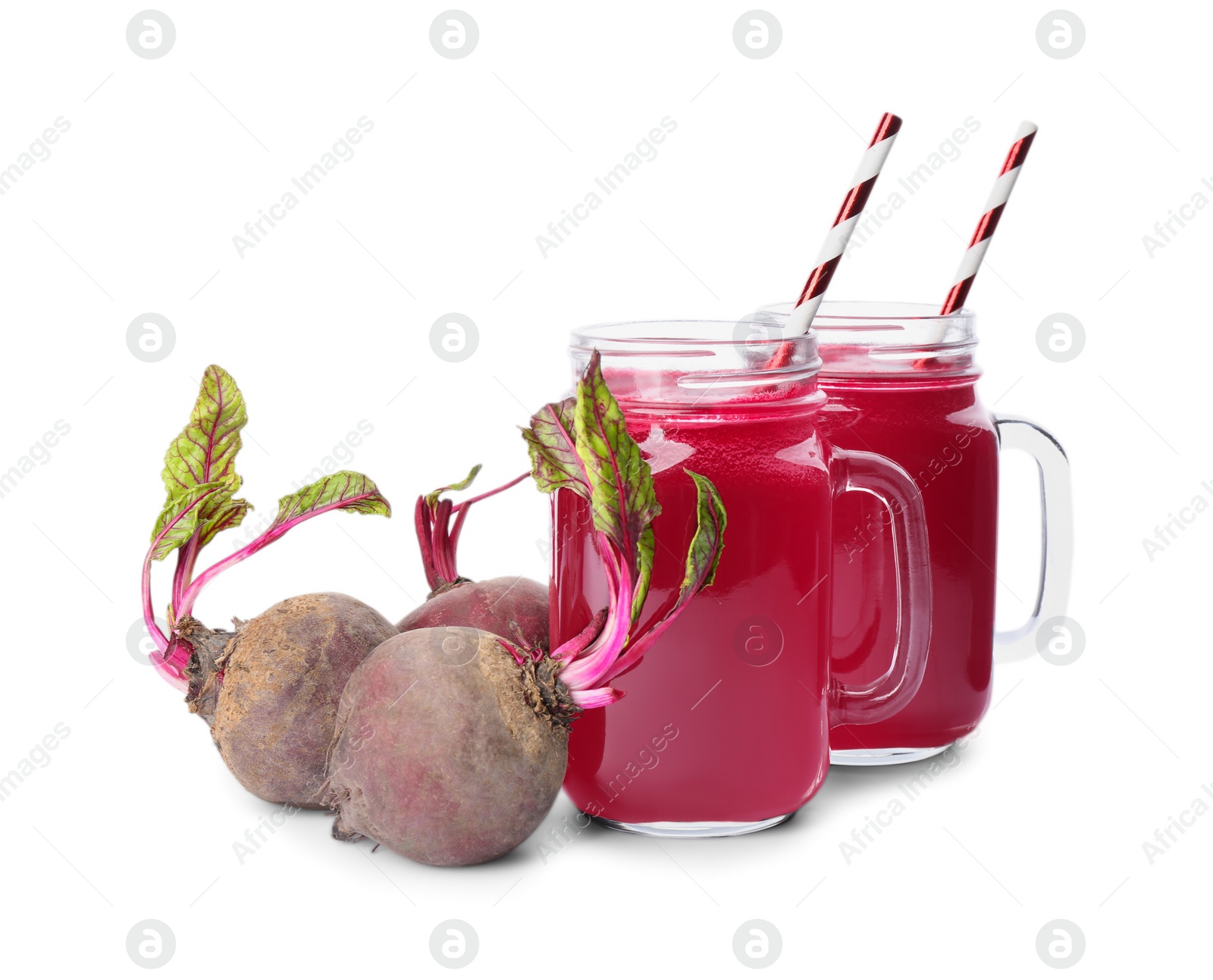 Photo of Fresh beets and juice isolated on white