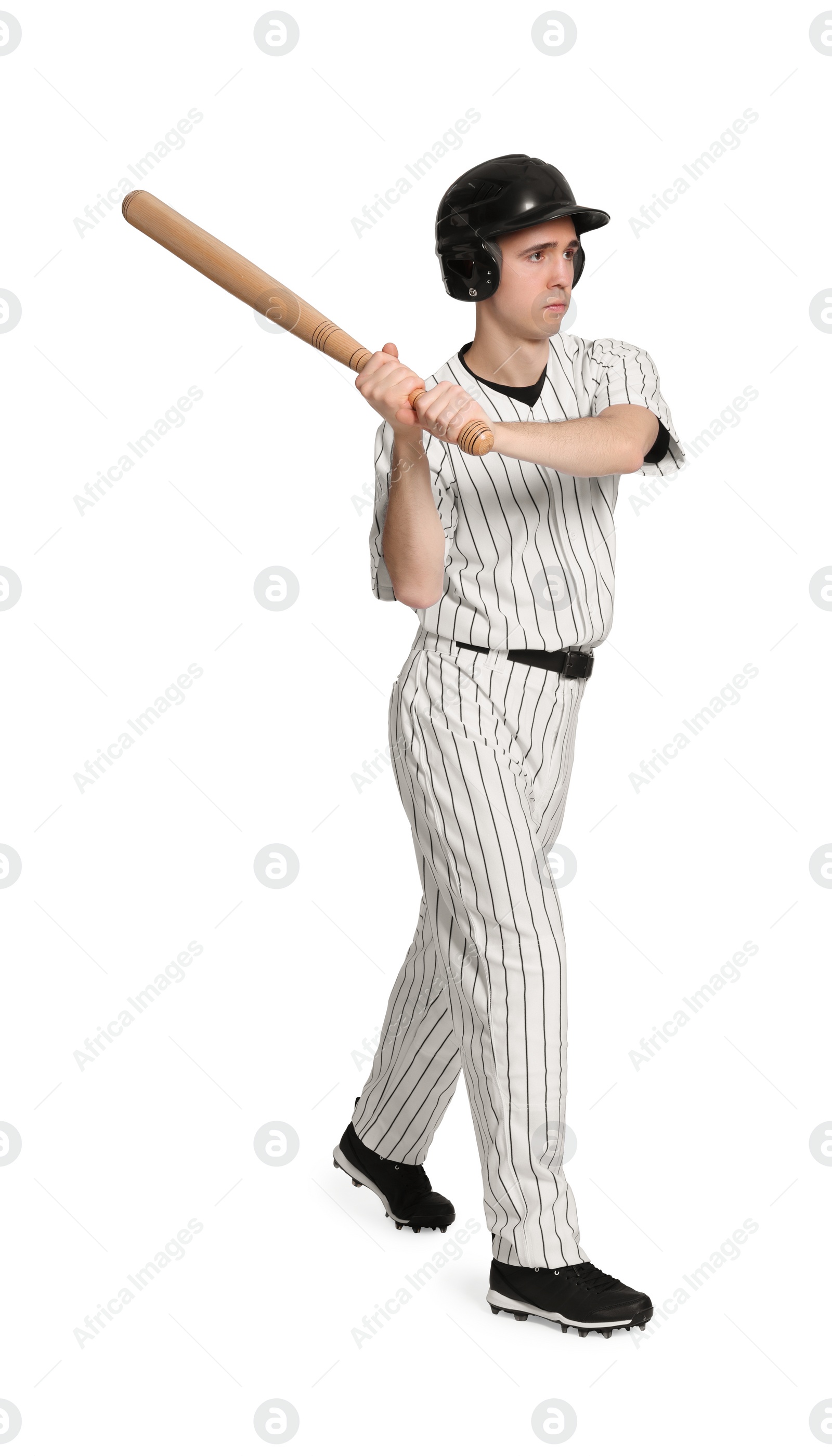 Photo of Baseball player taking swing with bat on white background