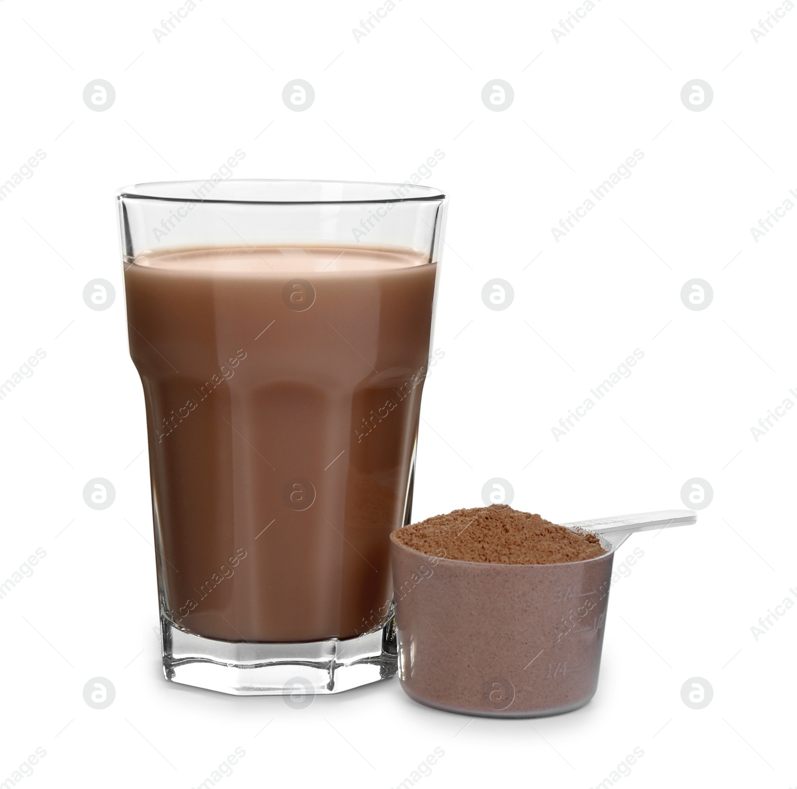 Photo of Protein shake and powder isolated on white