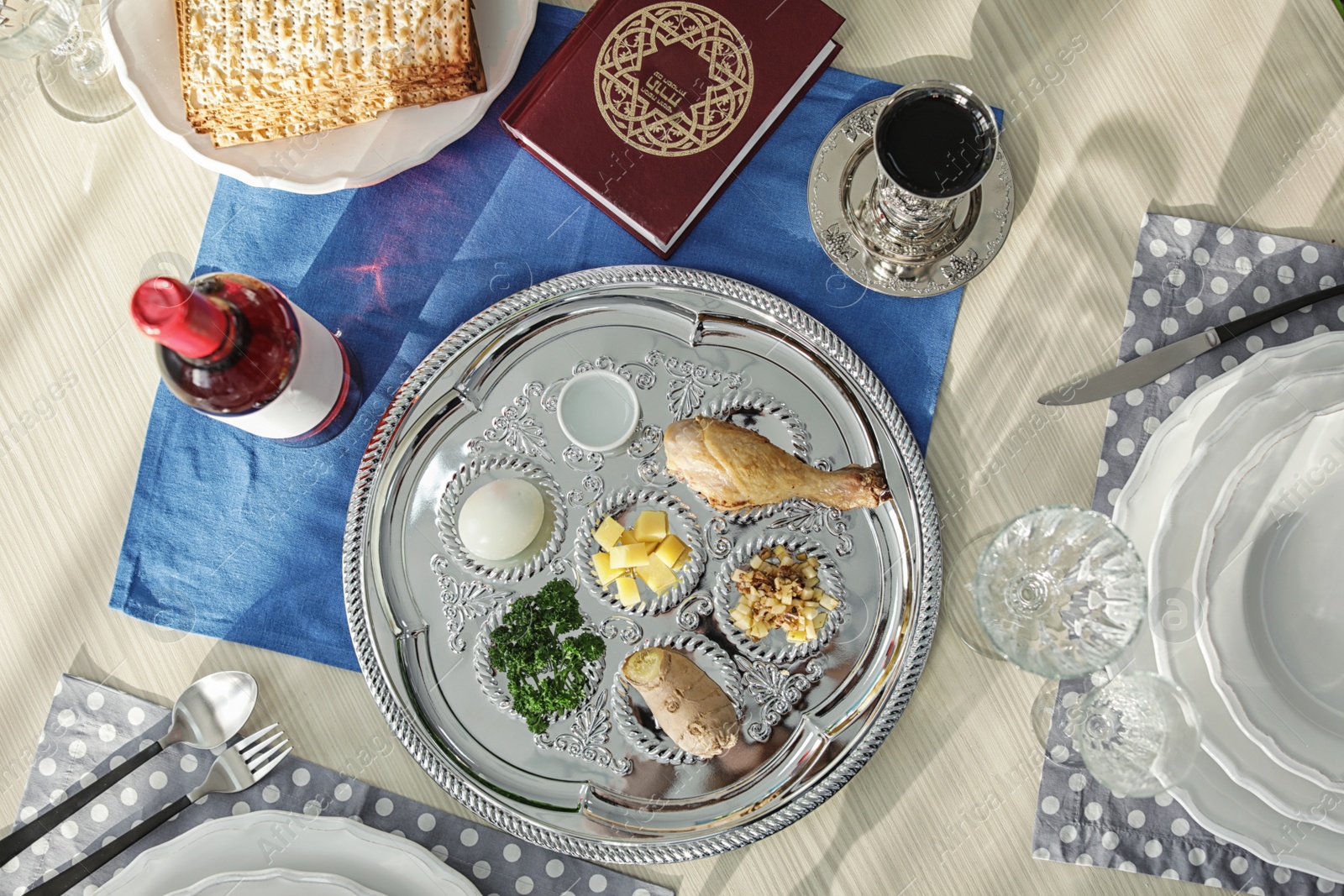 Photo of Table served for Passover (Pesach) Seder, top view