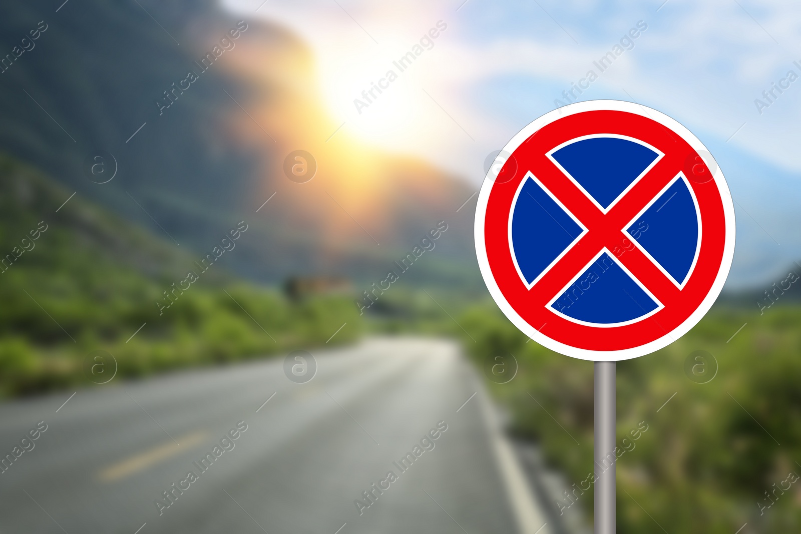 Image of No Stopping road sign on highway, space for text