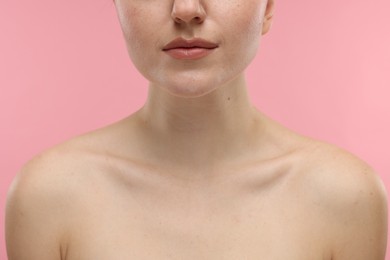 Photo of Beauty concept. Woman on pink background, closeup