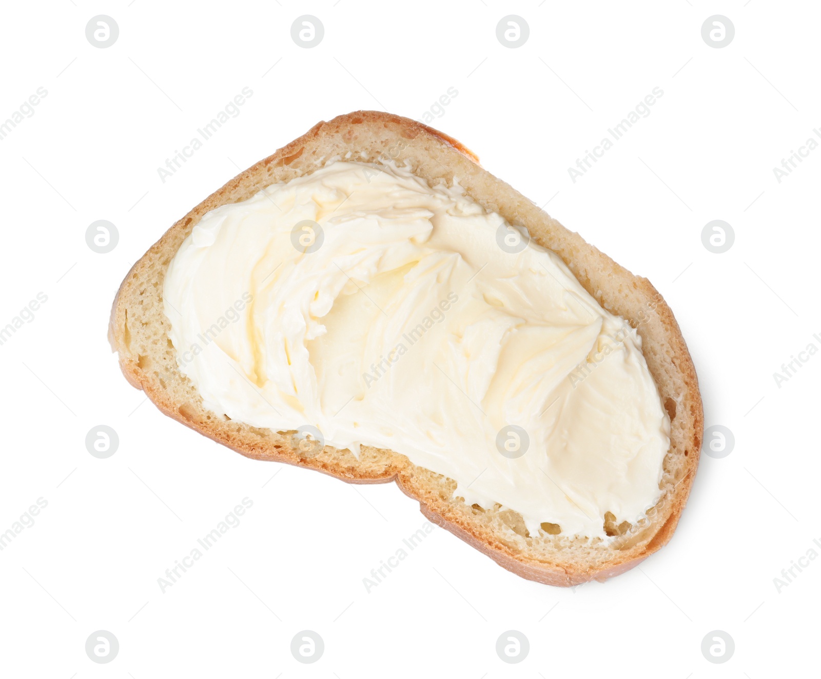 Photo of Slice of bread with tasty cream cheese isolated on white, top view