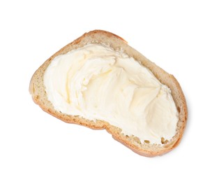 Photo of Slice of bread with tasty cream cheese isolated on white, top view