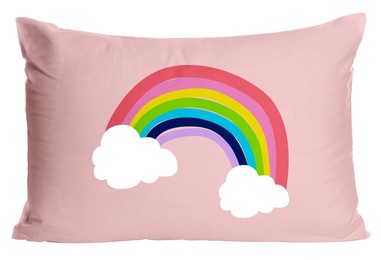Image of Soft pillow with printed cute rainbow and clouds isolated on white