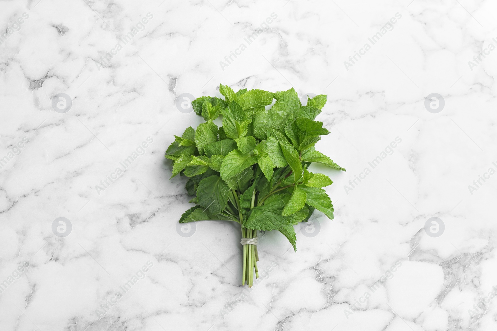 Photo of Bunch of fresh mint on white marble  background, top view