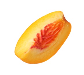 Photo of Slice of juicy peach on white background