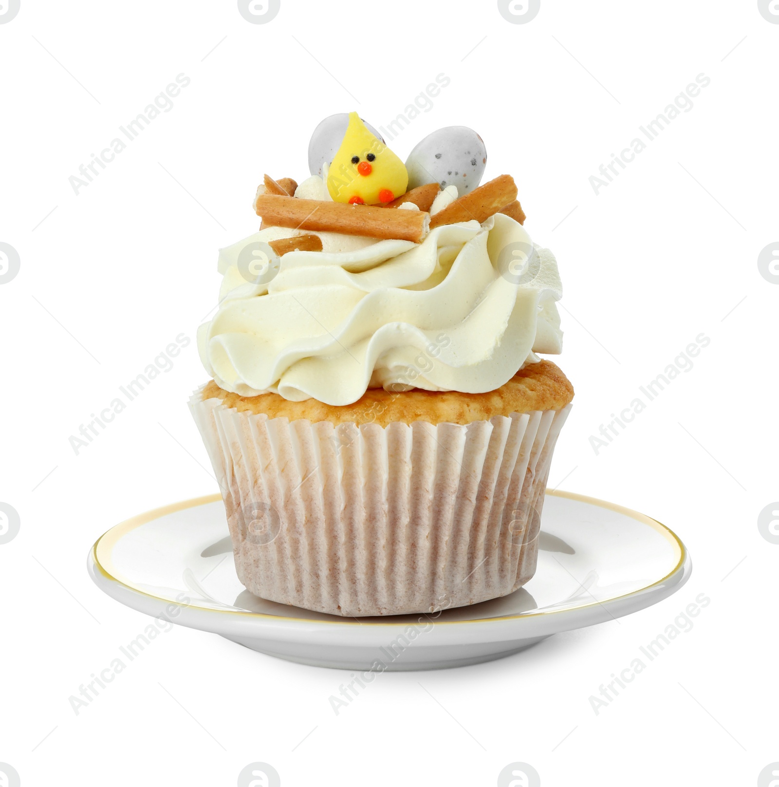 Photo of Tasty Easter cupcake with vanilla cream isolated on white