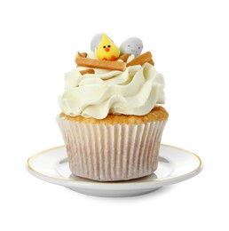 Photo of Tasty Easter cupcake with vanilla cream isolated on white