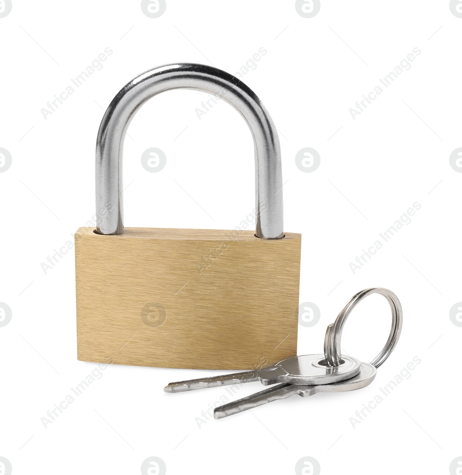 Photo of Steel padlock and keys isolated on white