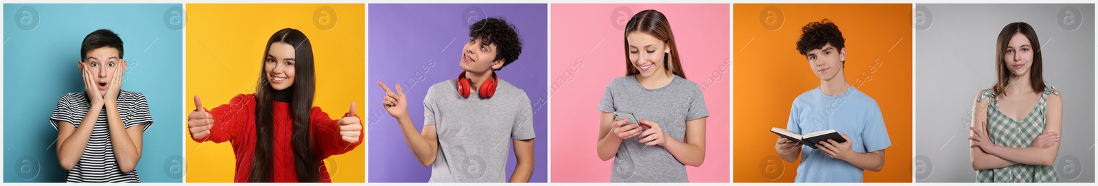 Image of Photos of teenagers on different color backgrounds, collage