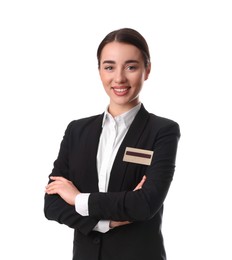 Photo of Portrait of happy young receptionist in uniform on white background