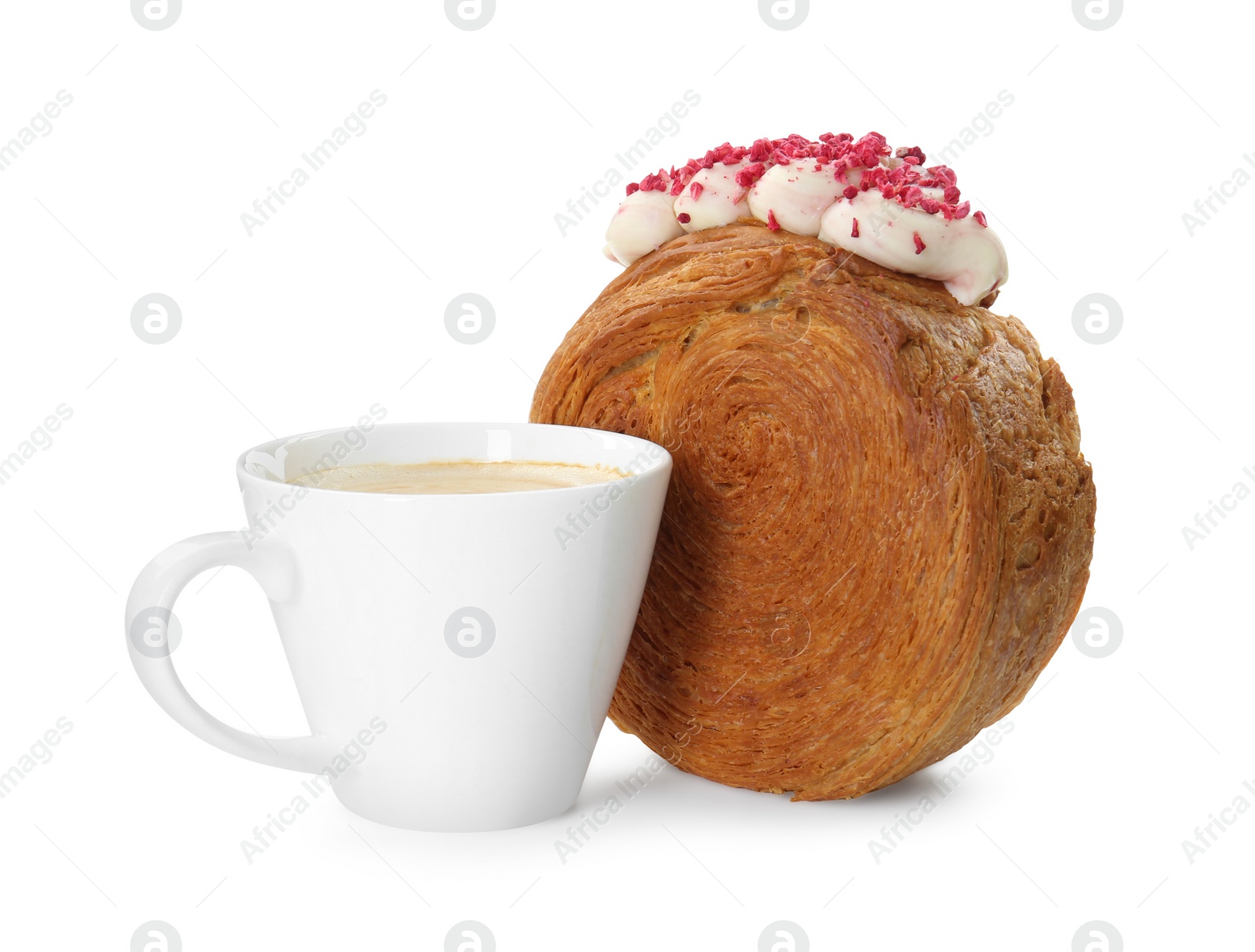 Photo of Round croissant with cream and cup of coffee isolated on white. Tasty puff pastry