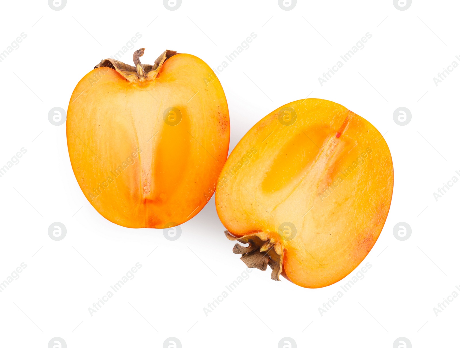 Photo of Pieces of fresh persimmon fruit isolated on white, top view