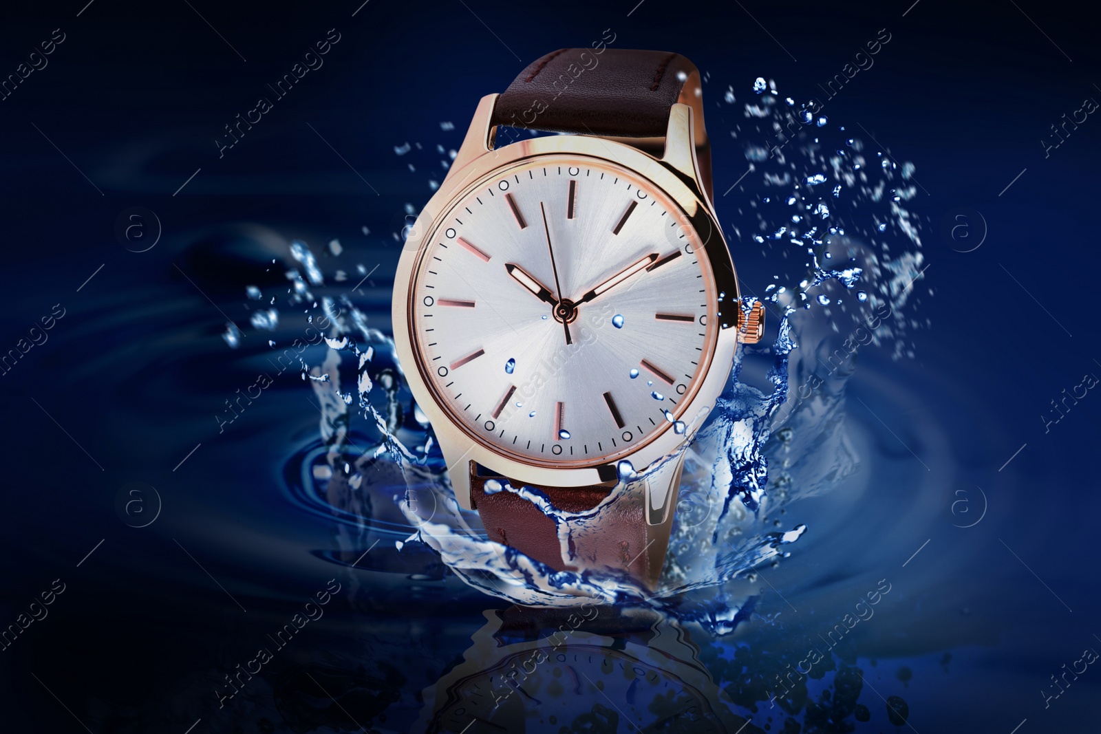 Image of Luxury women's watch in water splashes demonstrating its waterproof