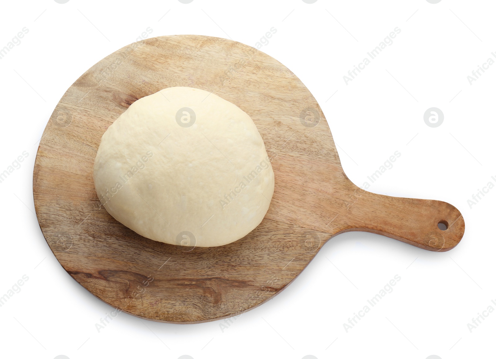 Photo of Fresh yeast dough and wooden board isolated on white, top view