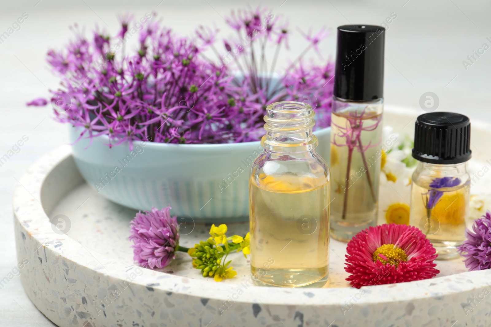 Photo of Composition with bottles of essential oils and different flowers on table, closeup