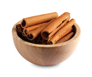 Cinnamon sticks in bowl isolated on white