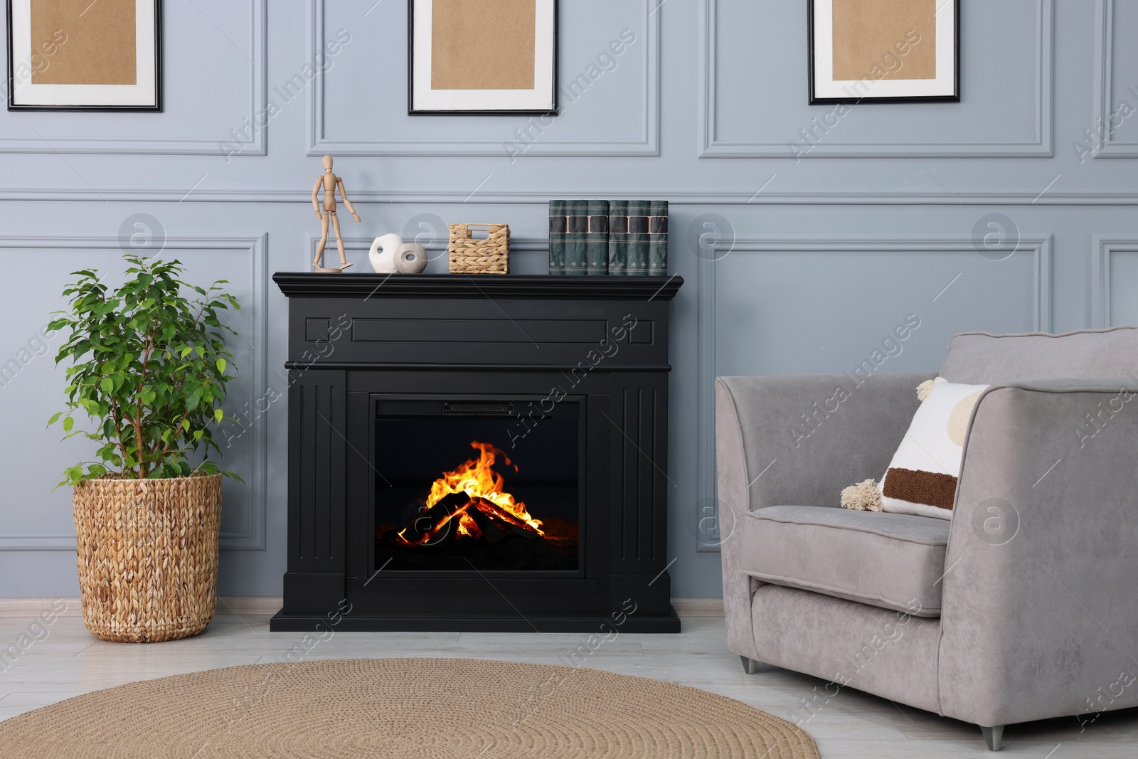 Photo of Black stylish fireplace near armchair and potted plant in cosy living room