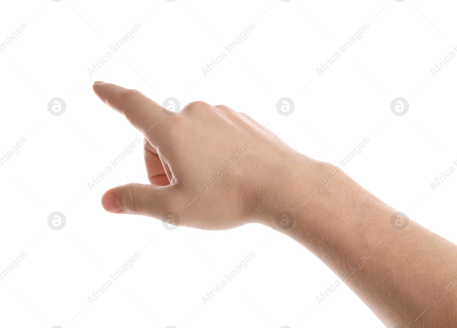 Photo of Man pointing at something on white background, closeup of hand