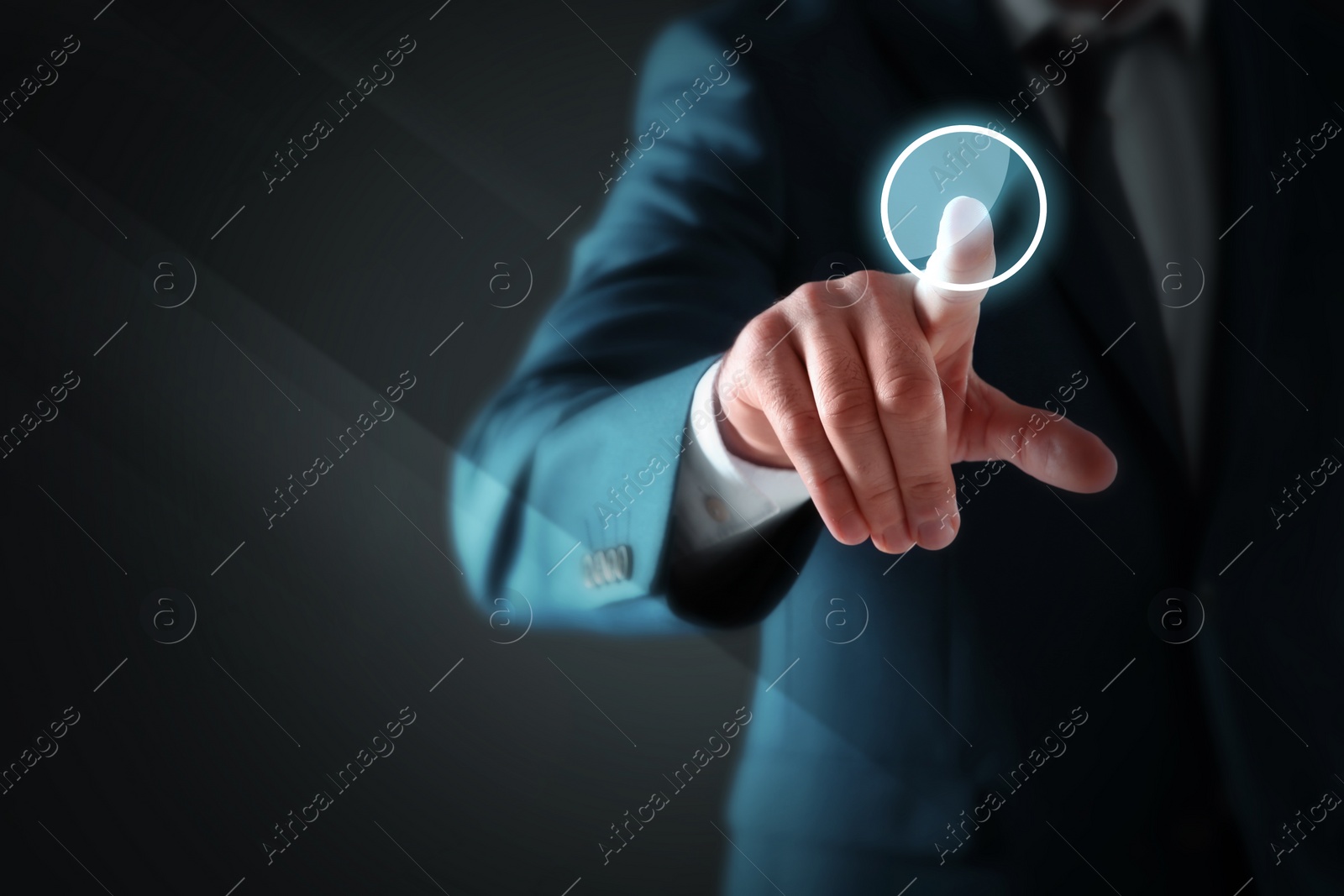 Image of Man pressing button on virtual screen, closeup