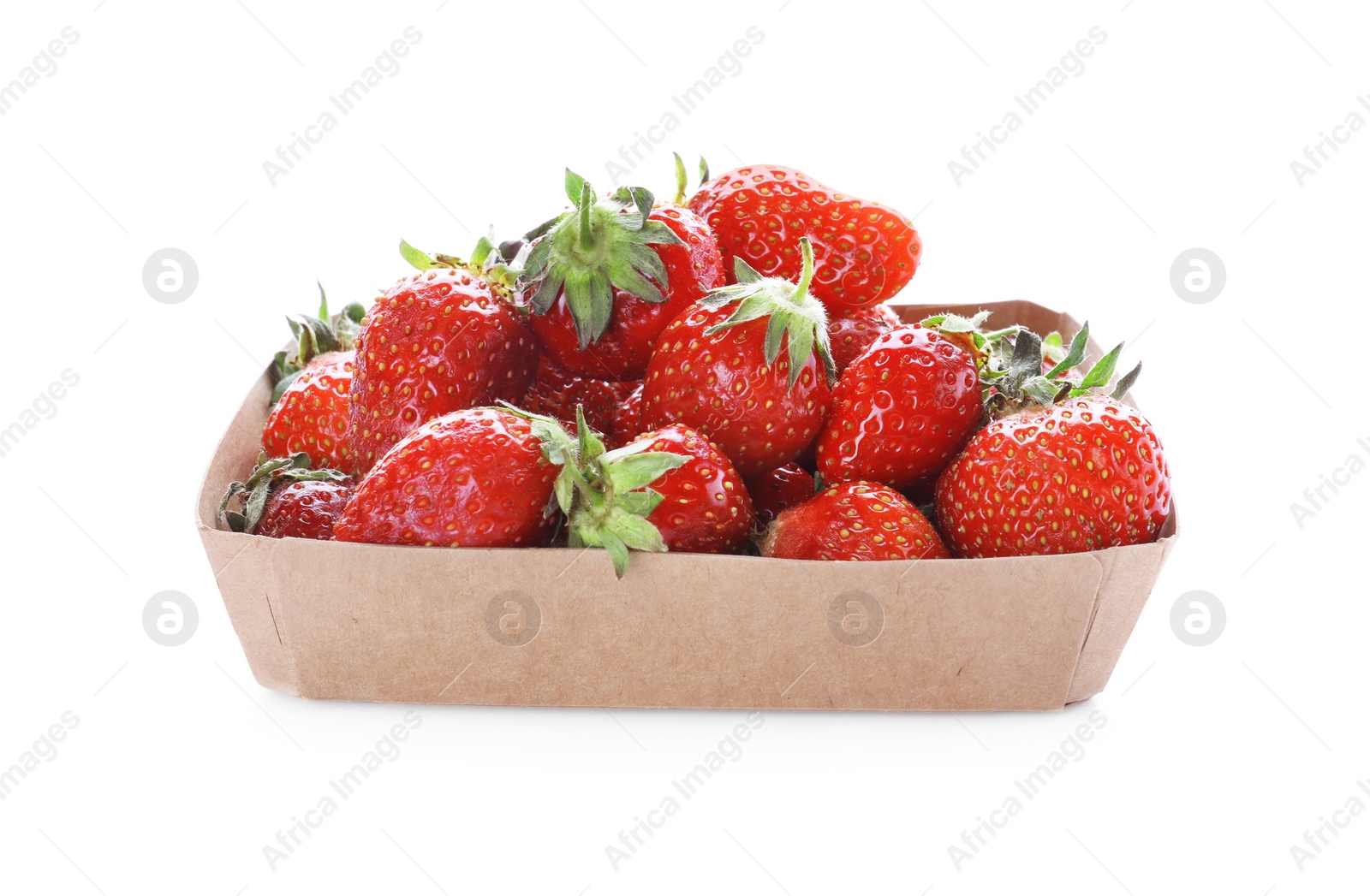 Photo of Tasty strawberries in cardboard container isolated on white