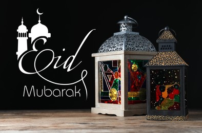 Image of Eid Mubarak greeting card. Muslim lanterns and illustration of mosque on black background