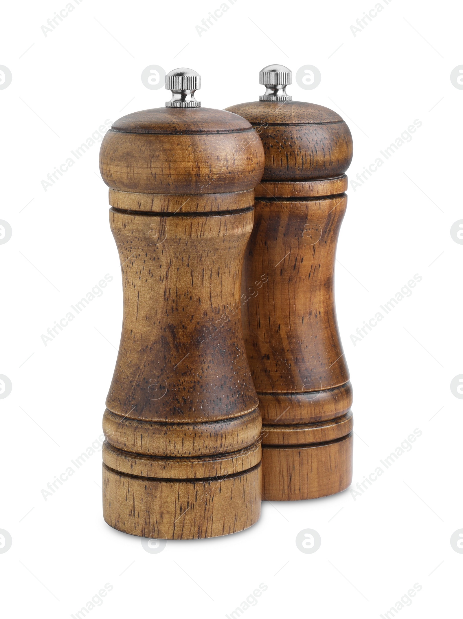 Photo of Wooden salt and pepper shakers isolated on white