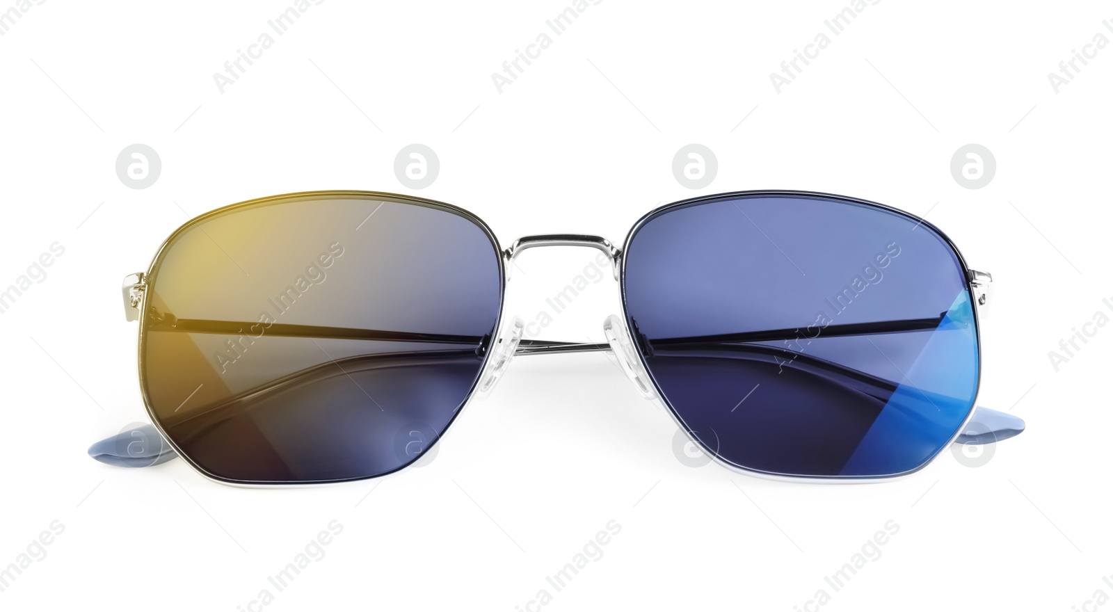 Photo of Stylish sunglasses on white background. Summer accessory