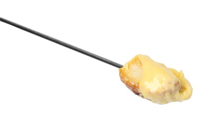 Tasty fondue. Fork with piece of bread and melted cheese isolated on white