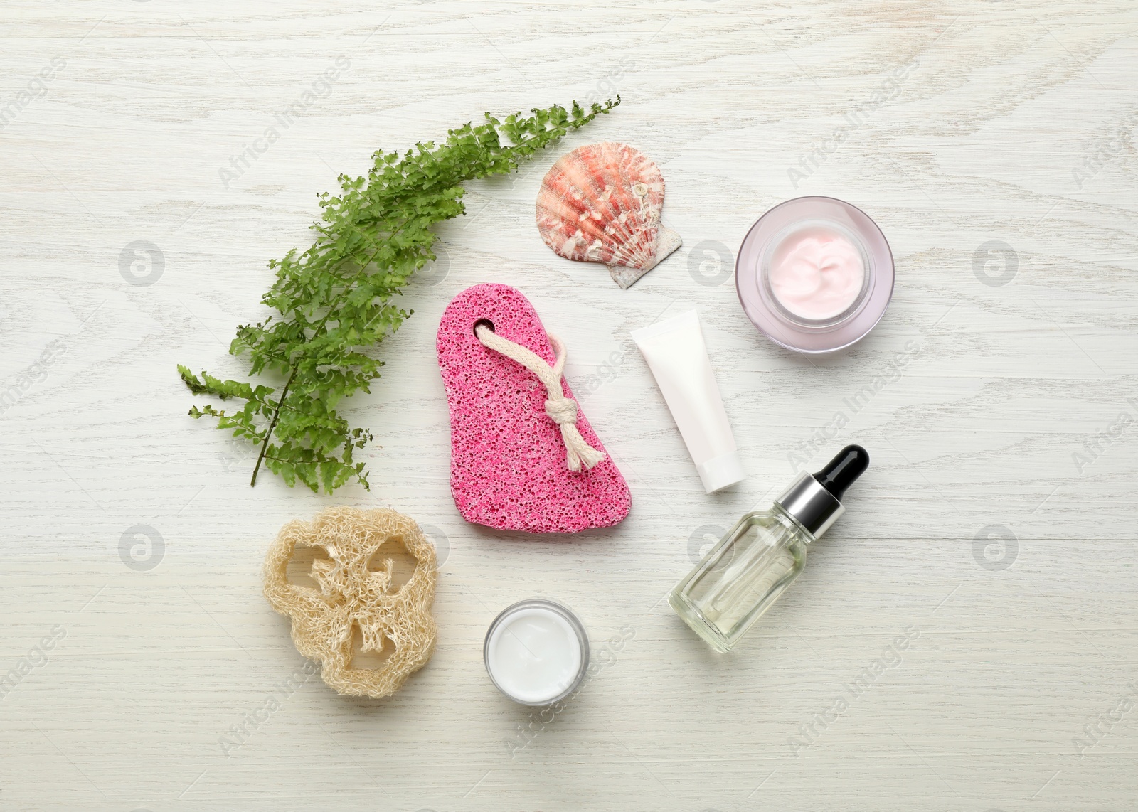 Photo of Flat lay composition with pumice stone on white wooden background