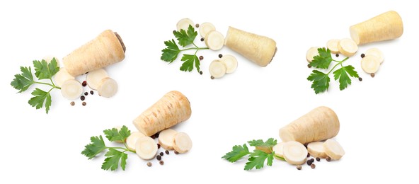 Image of Collage with whole and cut parsley roots on white background