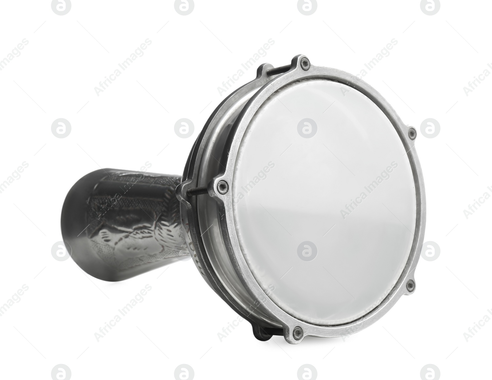 Photo of Goblet hand drum isolated on white. Percussion musical instrument