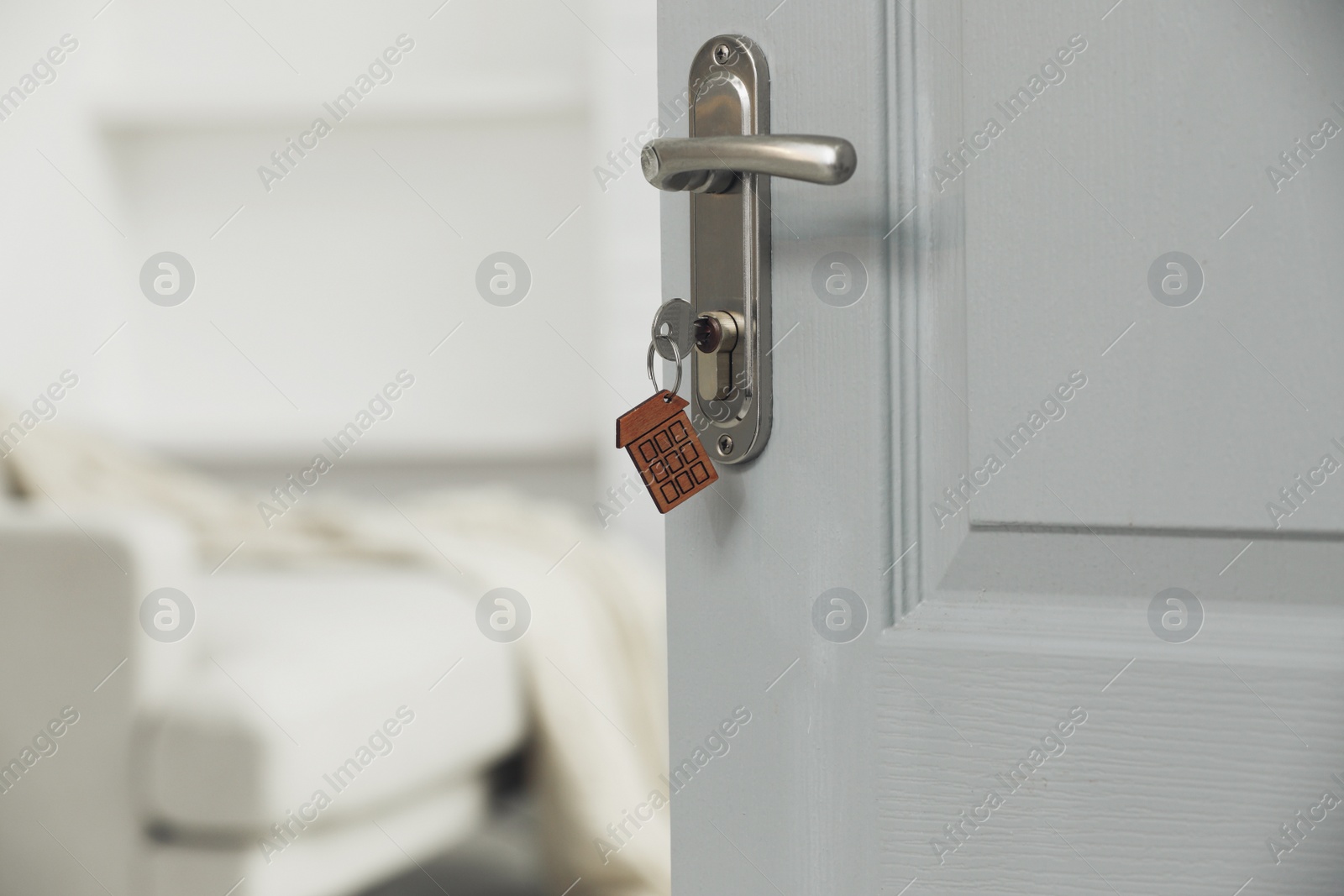 Photo of Closeup view of door with key open into room. Space for text