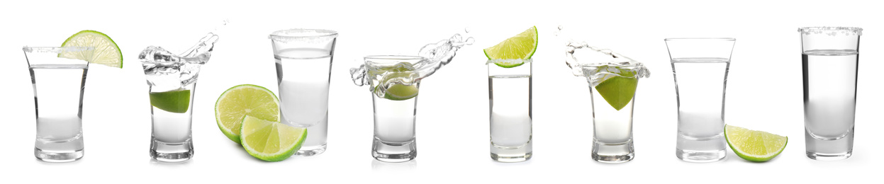 Image of Set of Mexican Tequila shots on white background. Banner design