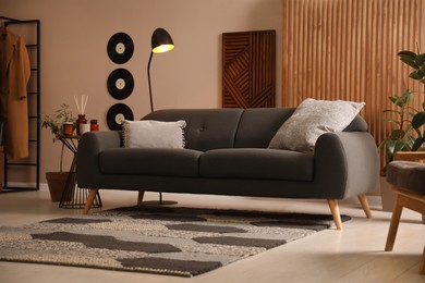 Stylish living room interior with comfortable dark sofa