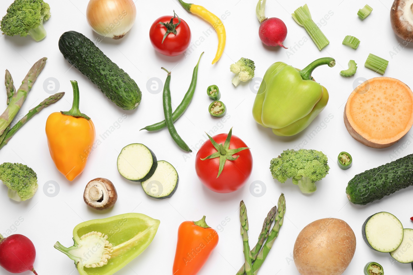 Photo of Flat lay composition with fresh vegetables on white background