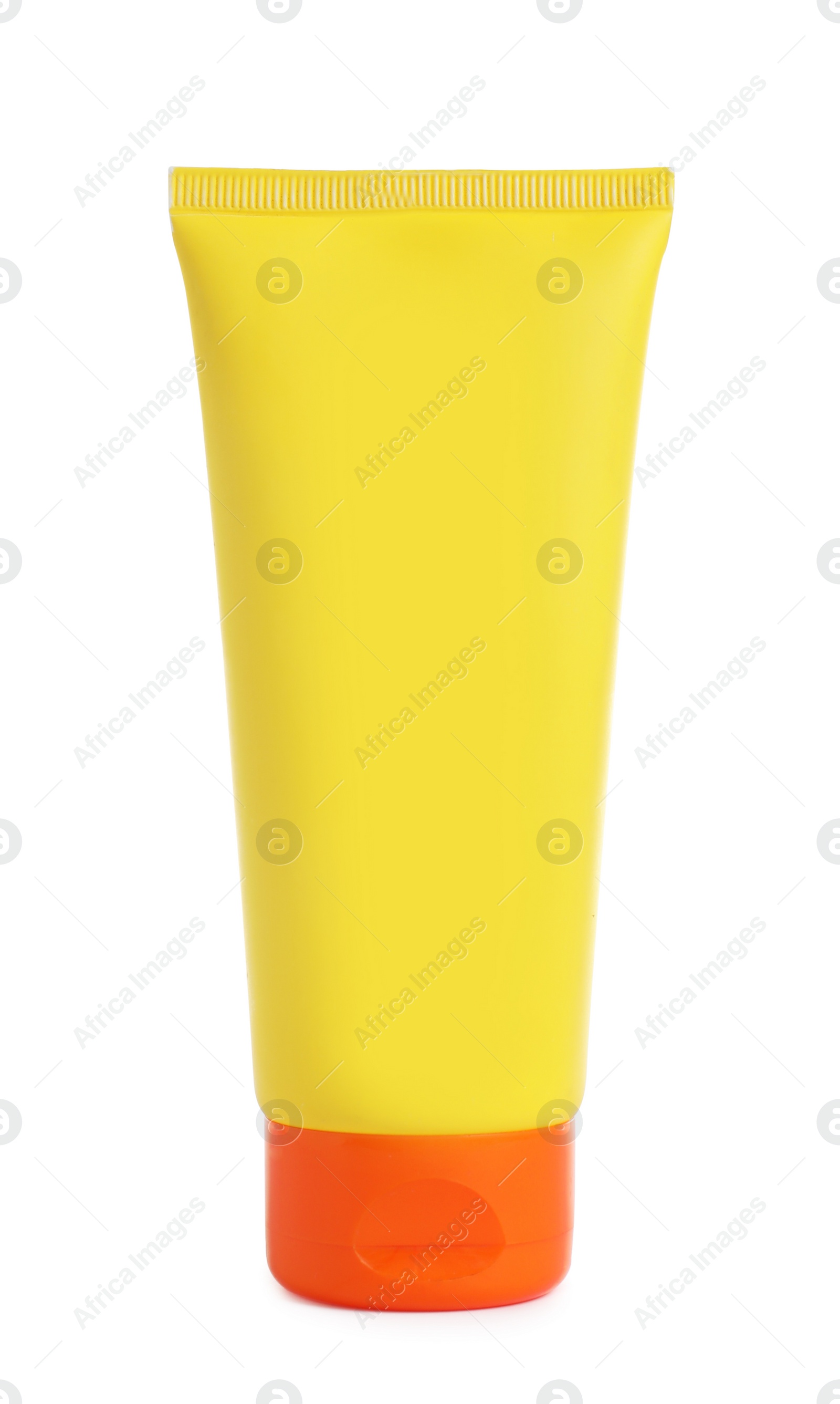 Photo of Tube with sun protection body cream on white background. Cosmetic product